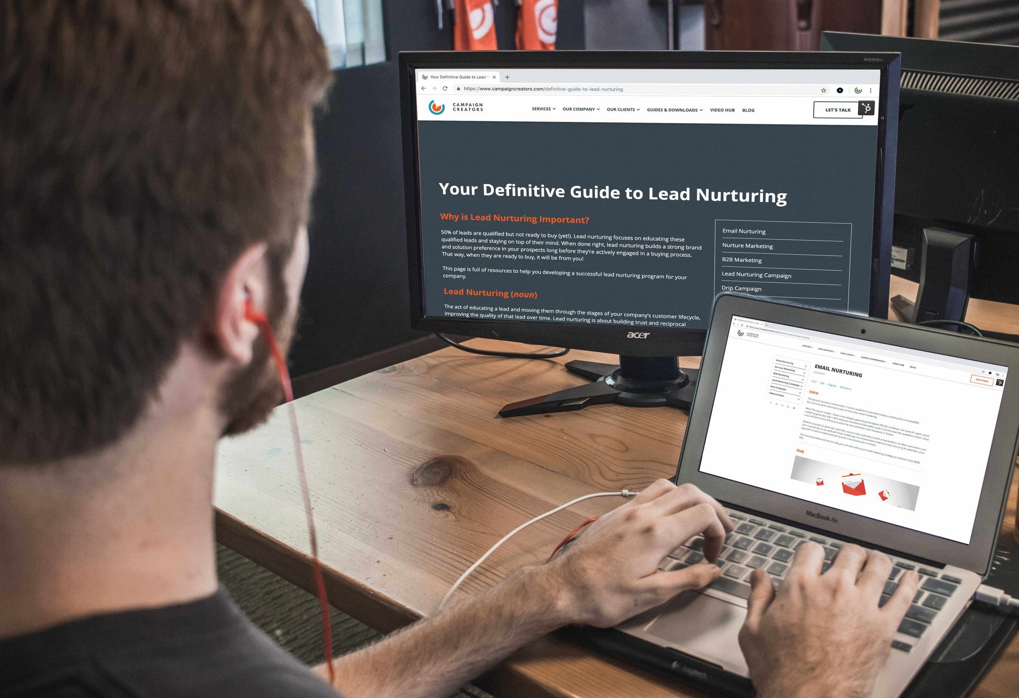Pillar content strategy tactic on two laptops