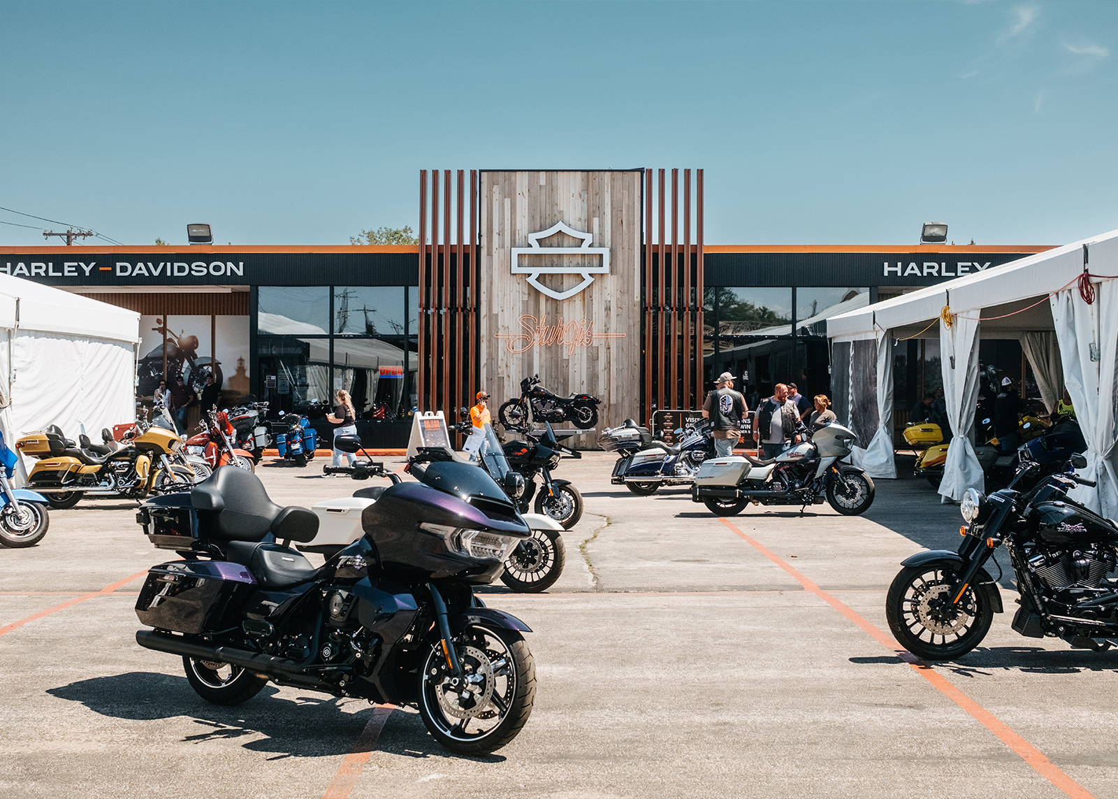 Rows of Harley-Davidson motorcycles displayed outside of Sturgis Harley-Davidson dealership during the Sturgis motorcycle rally event.