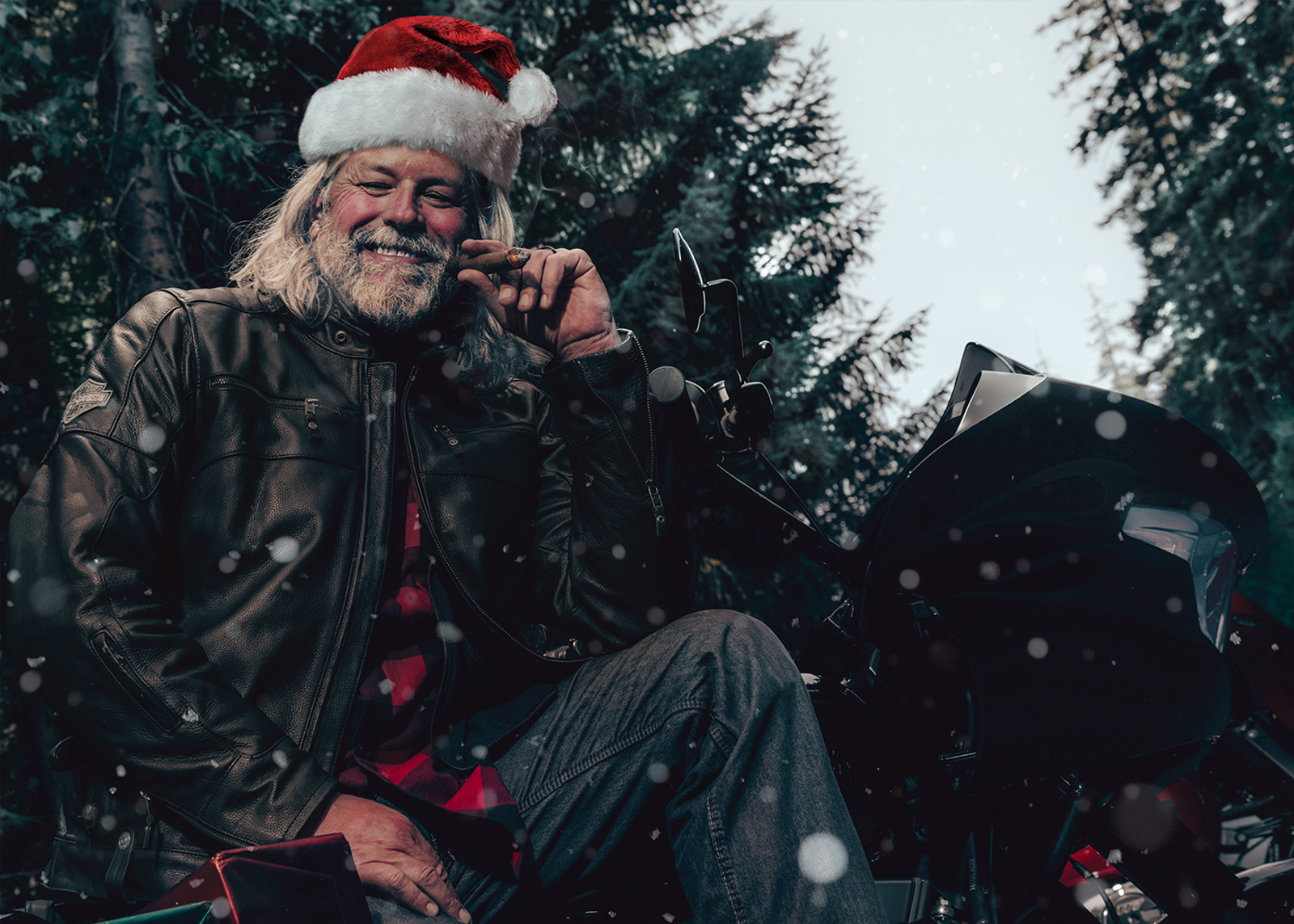 Santa Sitting on Parked Motorcycle