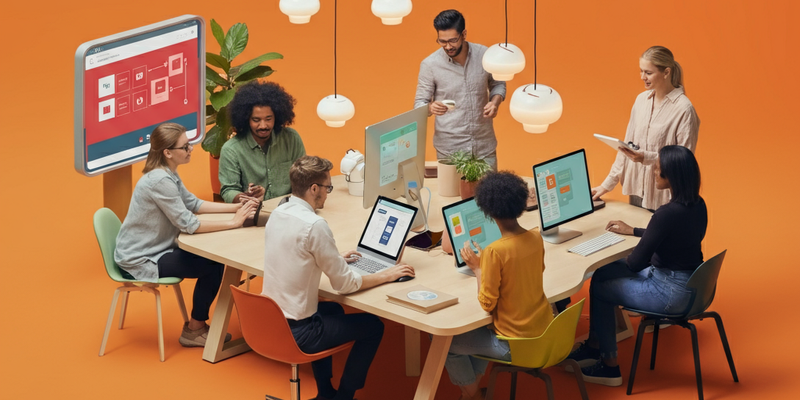 3d graphic shows marketing team in office while they work on computers