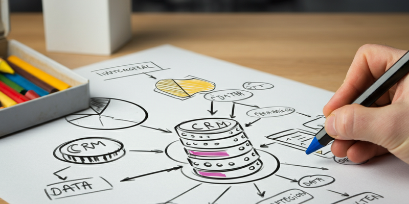 Person drafts a visualization of CRM data on a piece of paper with colored pencils 
