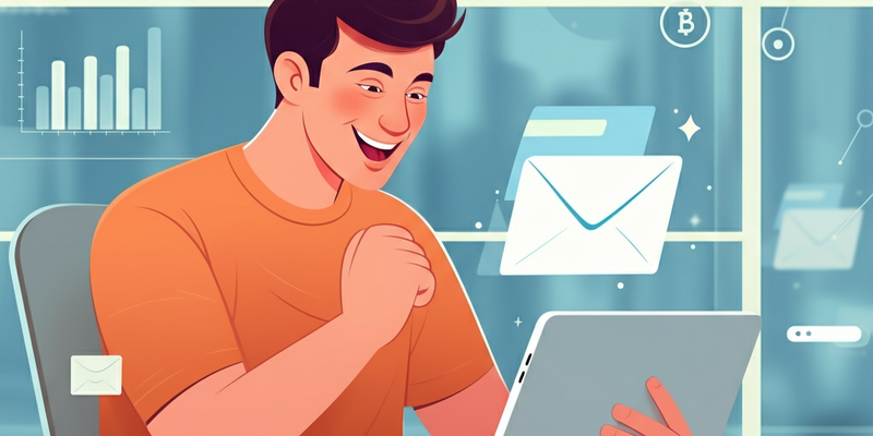 Cartoon graphic of a man sitting at his computer as he works on email automation