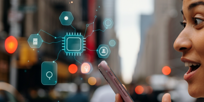 Woman speaking into her phone while searching for directions in the city 