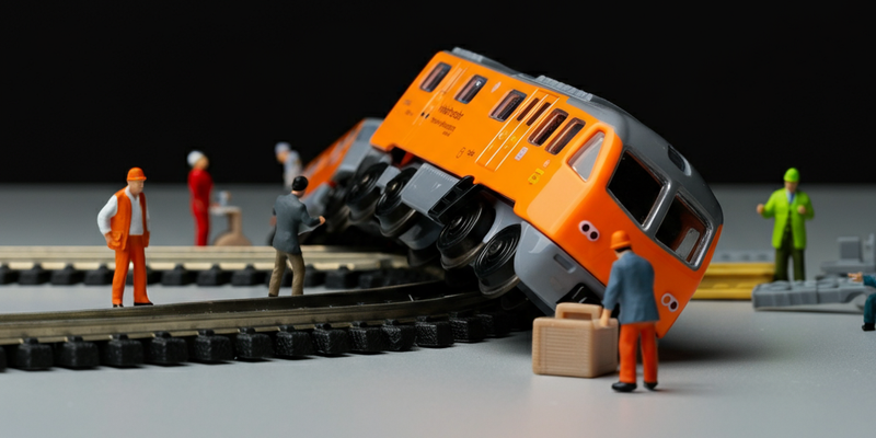 An orange toy train has fallen off the tracks