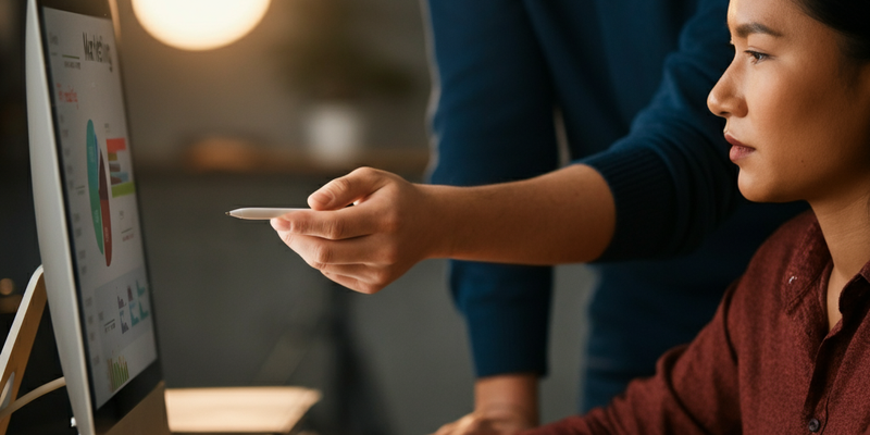 Woman works to update HubSpot marketing software on the computer as her colleague provides guidance.