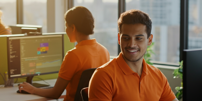 Man looks over his shoulder in the office at a colleague and smiles