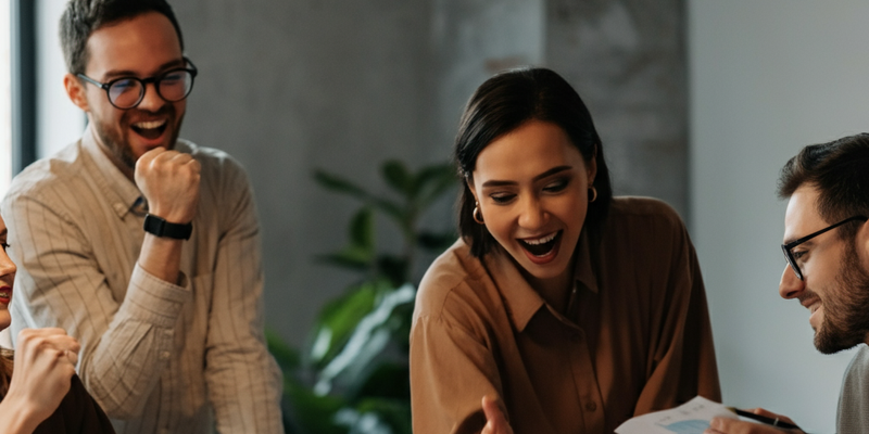 Team works around a desk, excited by the results of their new marketing campaign