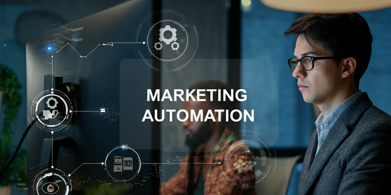 Graphic shows a man sitting at a desk as he plans the next marketing automation